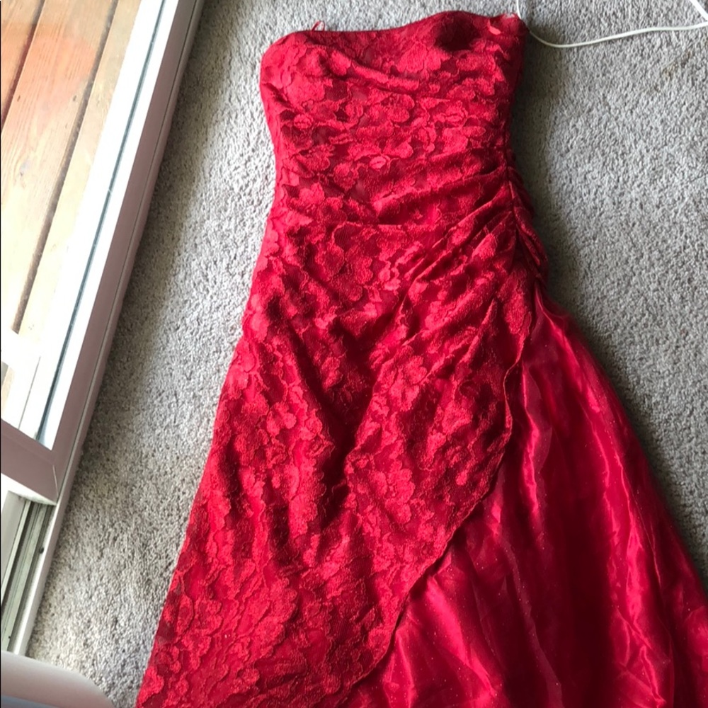 Long red sparkly dress with lace